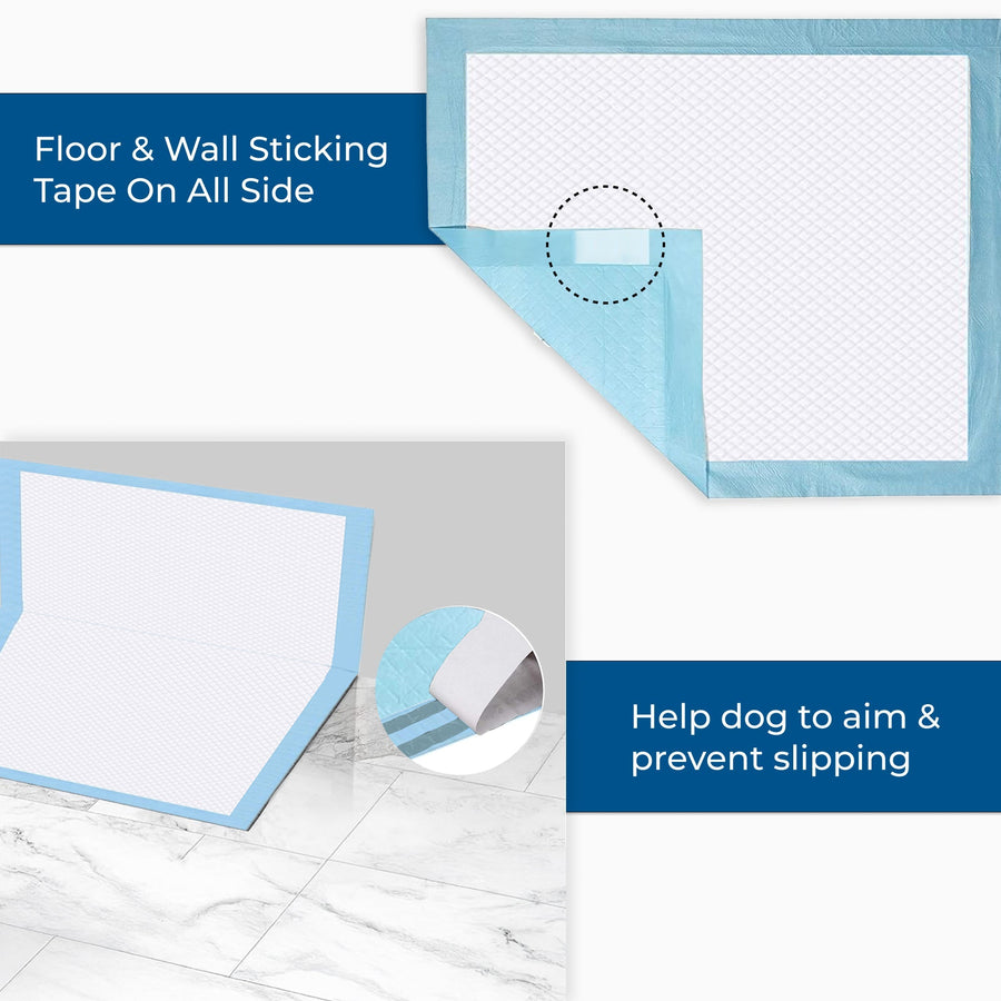 Adhesive tape on the pad edge sticking it to the floor and wall
