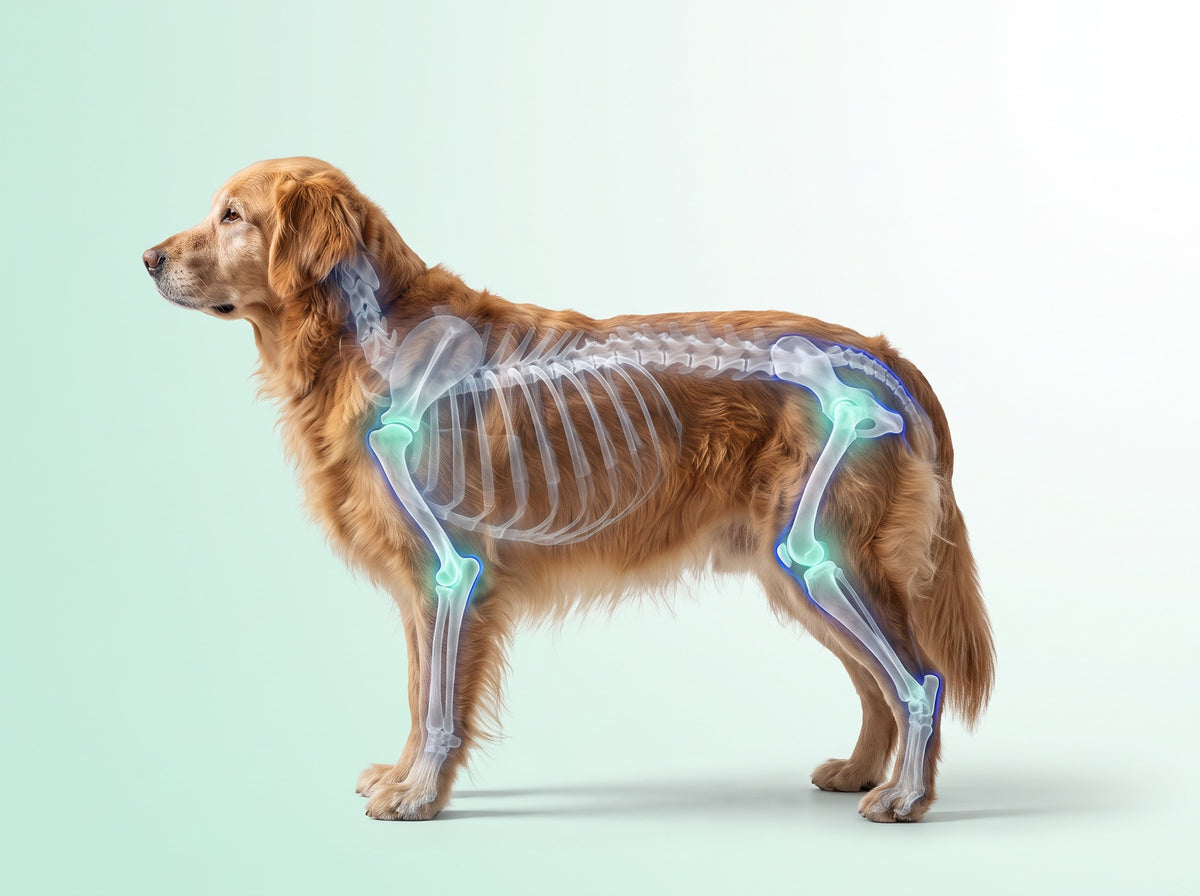 X-ray view of a golden retriever showing hip, knee, elbow and shoulder joints