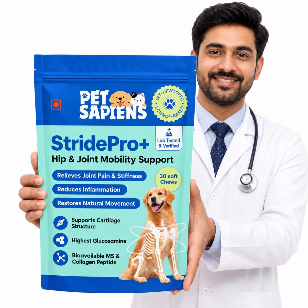 Veterinarian holding a pack of PetSapiens StridePro+ Hip & Joint soft chews