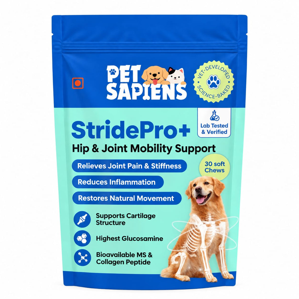 StridePro+ Hip & Joint Mobility Support for dogs, 30 soft chews, front of pack