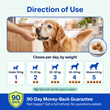 StridePro+ chews per day by dog weight, from 1 chew under 10 kg to 5 chews above 43 kg