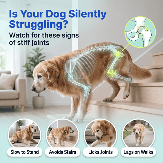Signs of stiff joints in dogs: slow to stand, avoids stairs, licks joints and lags on walks