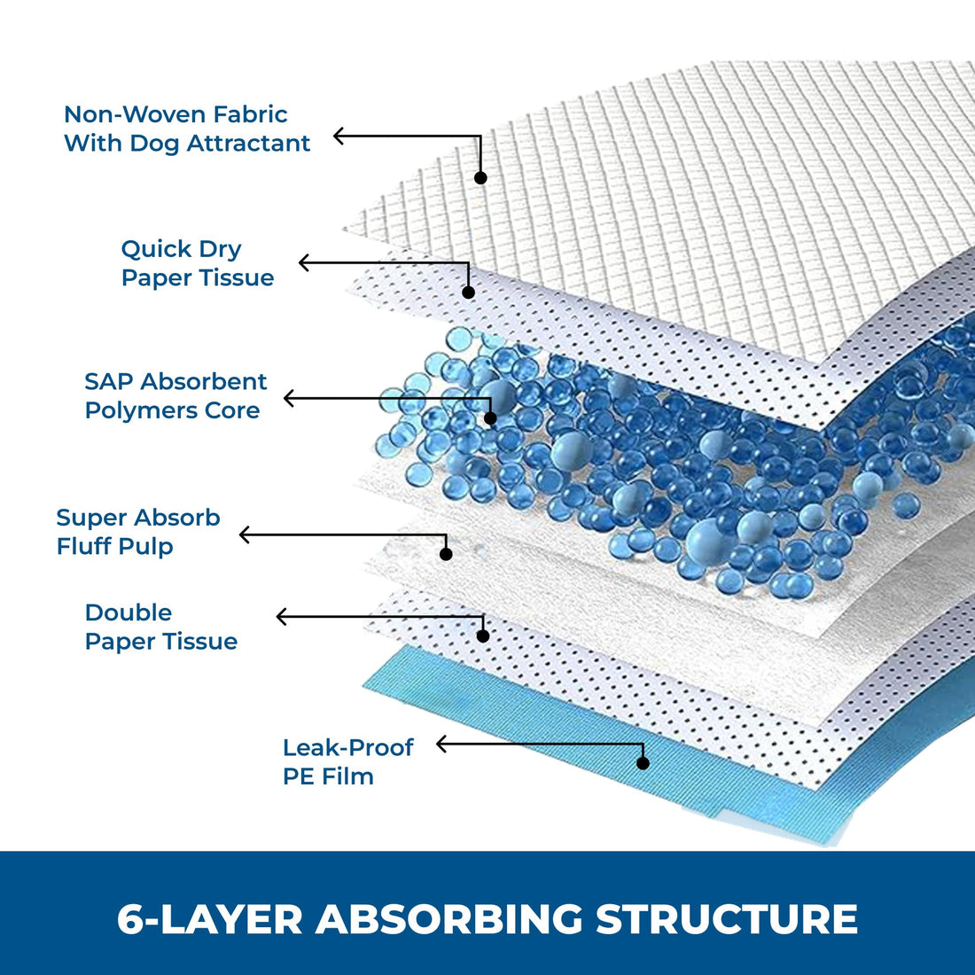 Six layers of the pad: non-woven top with dog attractant, quick-dry tissue, SAP absorbent core, fluff pulp, double tissue and a leak-proof PE film