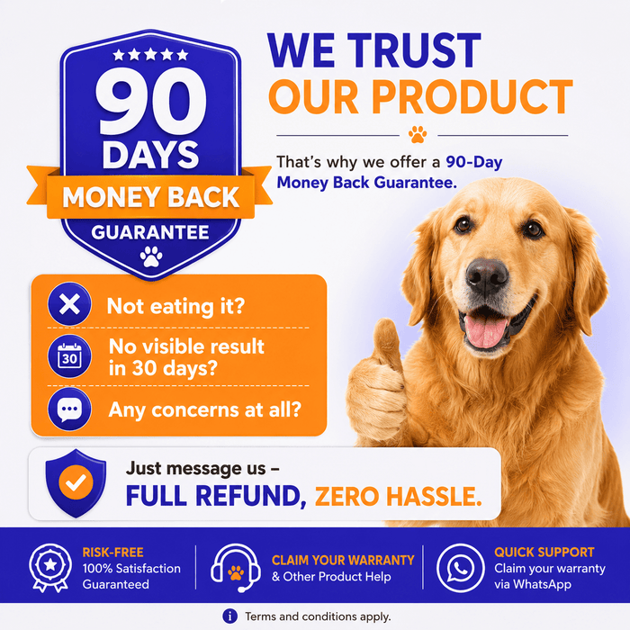 Pet Sapiens 90-day money-back guarantee badge next to a golden retriever giving a paw thumbs-up