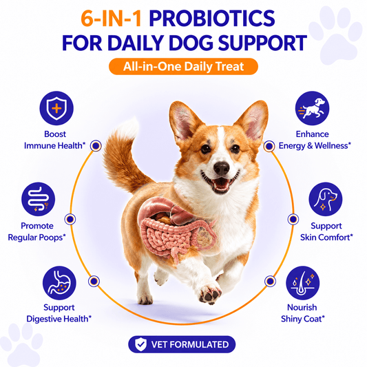 Corgi with a diagram of six daily probiotic benefits: immune, energy, gut, skin, coat and digestion support