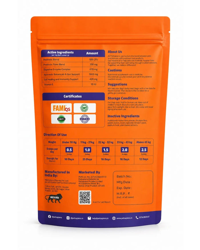 Back label of the GutPro+ pack with the active ingredients table, storage instructions, certifications and manufacturer details