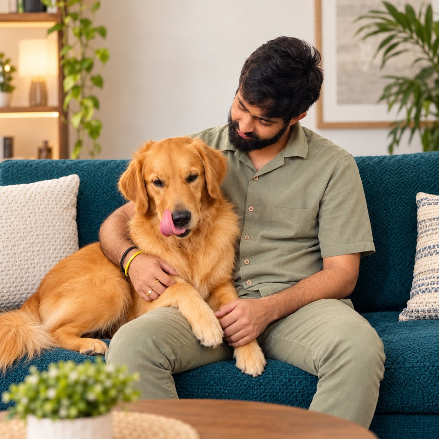 Nitish Kajala, founder of PetSapiens, at home with his golden retriever