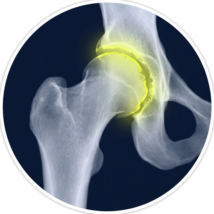 Hip joint X-ray with inflamed, worn cartilage